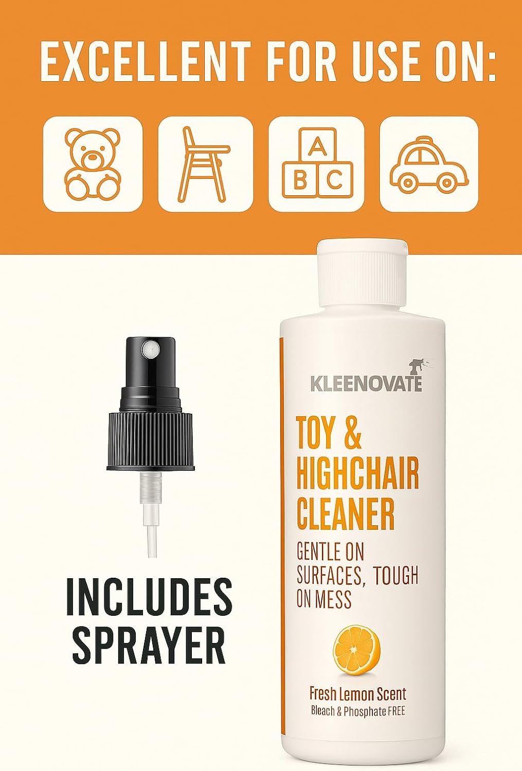 Toy & Highchair Cleaner, Fresh Lemon Scent – Gentle on Baby Surfaces, Tough on Mess – Bleach & Phosphate Free Formula, Safe & Effective Everyday Cleaning Spray