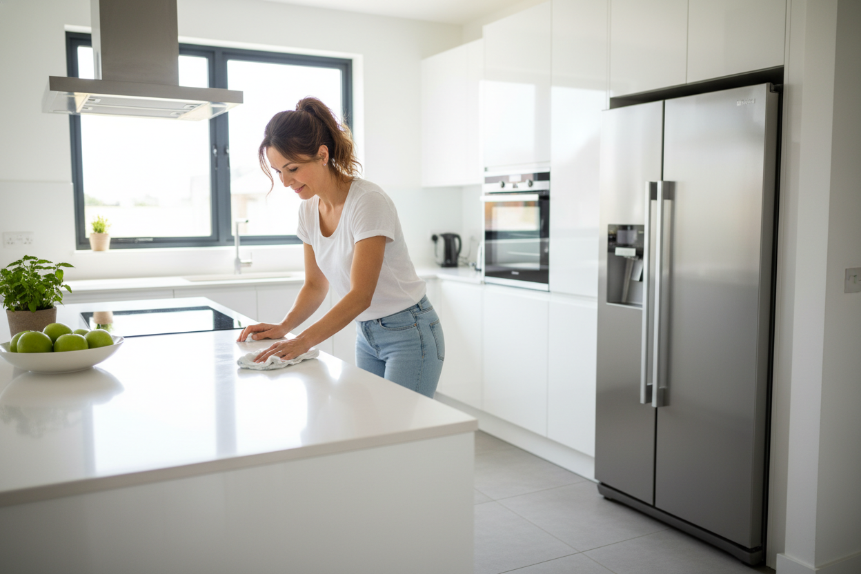 a woman cleaning a kitchen